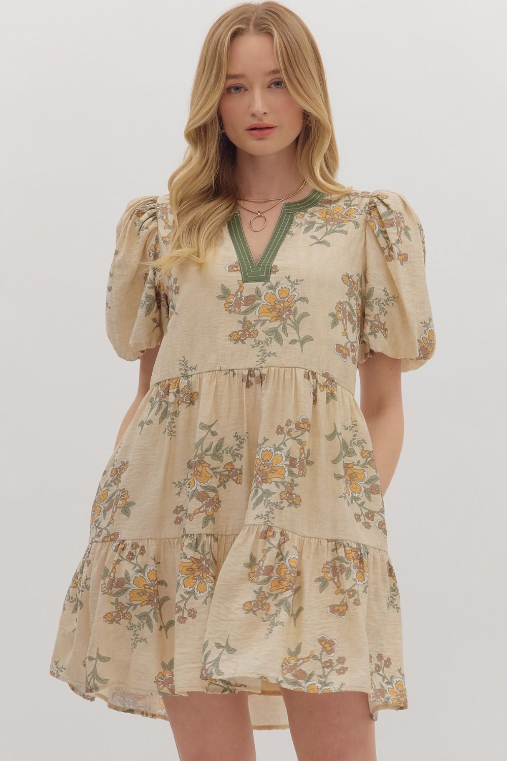 Ecru Floral Print Short Puff Sleeve Dress