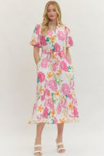 Load image into Gallery viewer, Pink Floral Puff Sleeve Tie Waist Midi Dress
