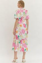 Load image into Gallery viewer, Pink Floral Puff Sleeve Tie Waist Midi Dress
