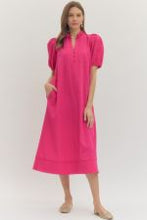 Load image into Gallery viewer, Hot Pink Puff Sleeve Midi Dress
