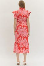 Load image into Gallery viewer, Red Floral Print Flutter Sleeve Midi Dress
