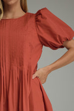 Load image into Gallery viewer, Rust Short Sleeve Pintuck Bodice Short Dress
