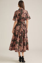 Load image into Gallery viewer, Burgundy Short Sleeve Floral Print Midi Dress
