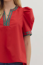 Load image into Gallery viewer, Holiday Plaid Trim V Neck Top
