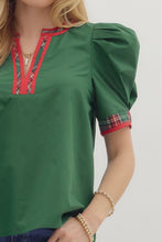 Load image into Gallery viewer, Holiday Plaid Trim V Neck Top
