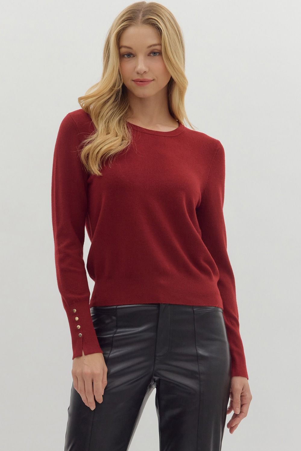 Burgundy Round Neck Solid Long Sleeve Top