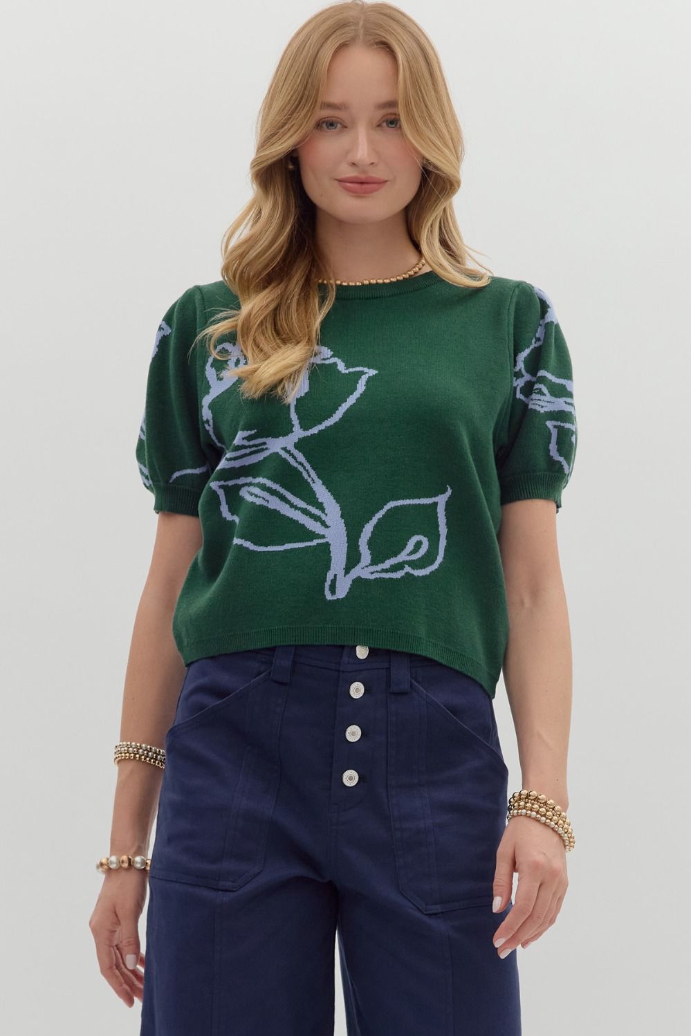 Short Puff Sleeve Floral Sweater