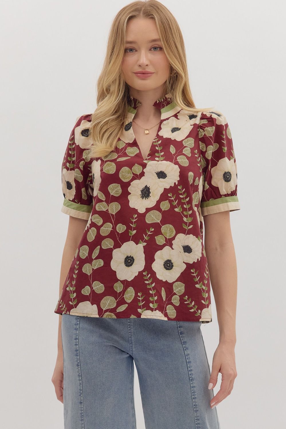 Wine Poppy Print V Neck Top