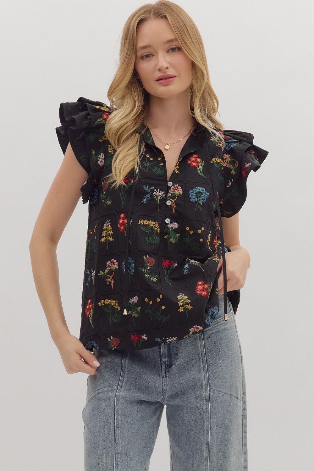 Black Floral Embroidered Flutter Sleeve Top