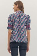 Load image into Gallery viewer, Navy Blue Botanical Puff Sleeve Top
