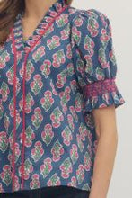 Load image into Gallery viewer, Navy Blue Botanical Puff Sleeve Top
