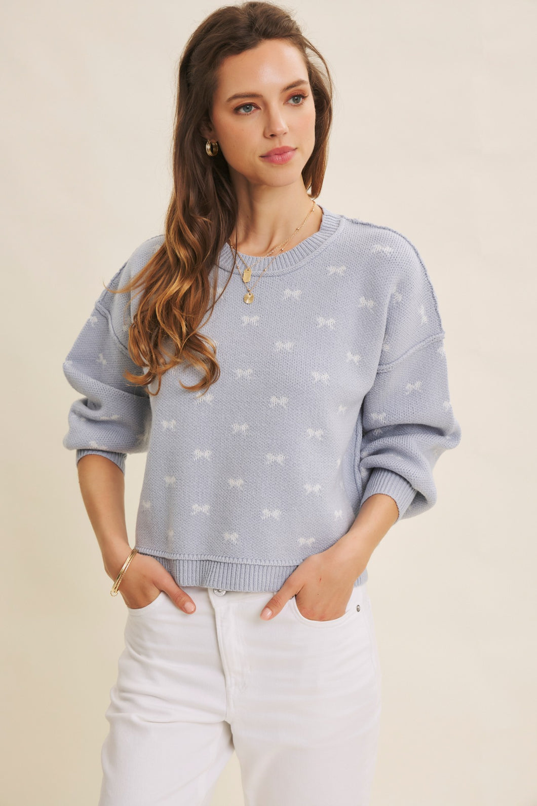 Bow Jacquard Balloon Sleeve Sweater