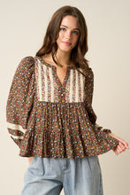 Load image into Gallery viewer, Floral Print Lace Patchwork Peplum Blouse
