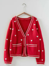 Load image into Gallery viewer, Heart Pattern Contrast Trim Knit Cardigan
