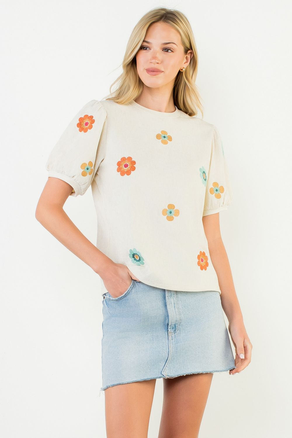 Cream Suede Flower Embroidered Top
