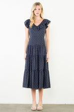 Load image into Gallery viewer, Navy Flutter Sleeve Polka Dot Midi Dress
