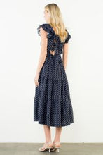 Load image into Gallery viewer, Navy Flutter Sleeve Polka Dot Midi Dress

