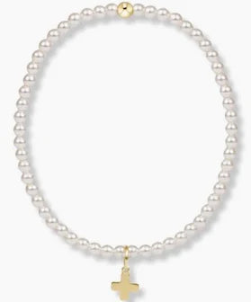 eNewton extends - Classic Pearl 3mm Bead Bracelet - Signature Cross Gold Charm