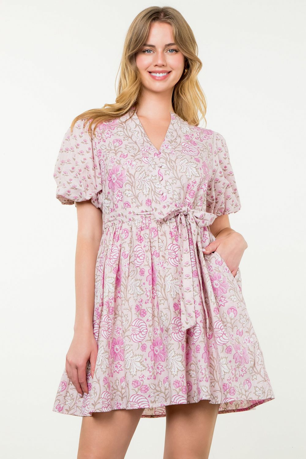 Pink Puff Sleeve Floral Dress