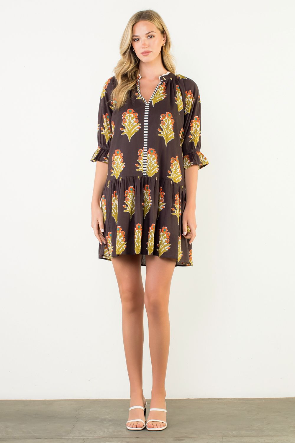 Floral Detailed V Neck Dress