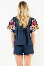 Load image into Gallery viewer, Denim Floral Embroidery Puff Sleeve Tassel Top
