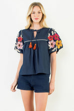 Load image into Gallery viewer, Denim Floral Embroidery Puff Sleeve Tassel Top

