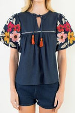 Load image into Gallery viewer, Denim Floral Embroidery Puff Sleeve Tassel Top
