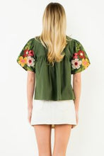 Load image into Gallery viewer, Olive Floral Embroidery Puff Sleeve Tassel Top
