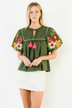 Load image into Gallery viewer, Olive Floral Embroidery Puff Sleeve Tassel Top
