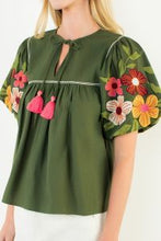 Load image into Gallery viewer, Olive Floral Embroidery Puff Sleeve Tassel Top

