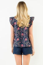 Load image into Gallery viewer, Navy Floral Futter Sleeve V Neck Top
