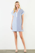 Load image into Gallery viewer, Blue Short Sleeve Split Striped V neck Dress
