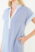 Load image into Gallery viewer, Blue Short Sleeve Split Striped V neck Dress
